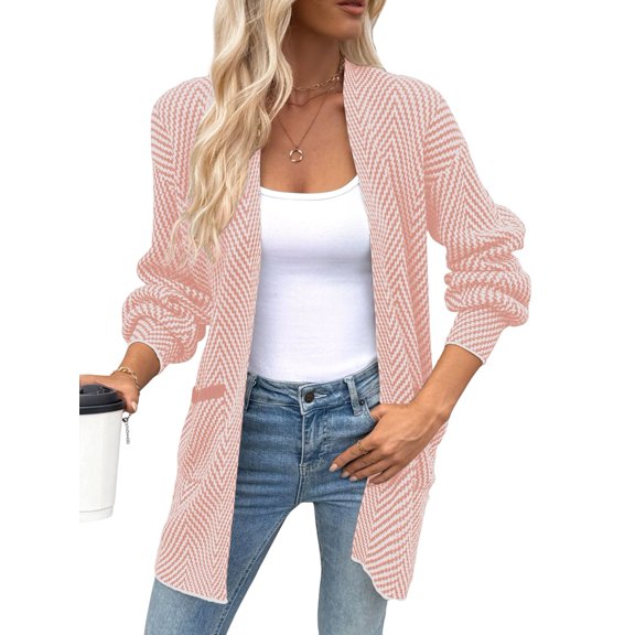 Women Fall Outfits Long Sleeve Open Front Striped Cardigan Sweaters Chunky Knit Sweaters Coat Pink M