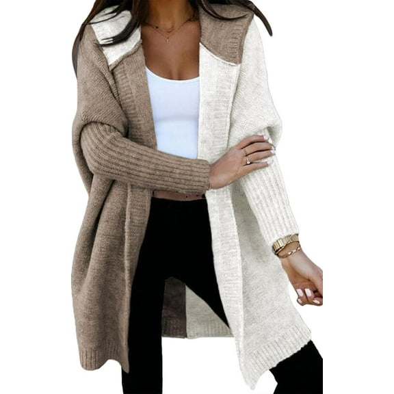 Women  Fall Outfits Open Front Long Sleeve Hooded Knit Cardigan Sweater Color Block Outwear Coats