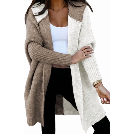 Women Fall Outfits Open Front Long Sleeve Hooded Knit Cardigan Sweater Color Block Outwear Coats