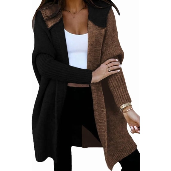 Women Fall Outfits Open Front Long Sleeve Hooded Knit Cardigan Sweater Color Block Outwear Coats