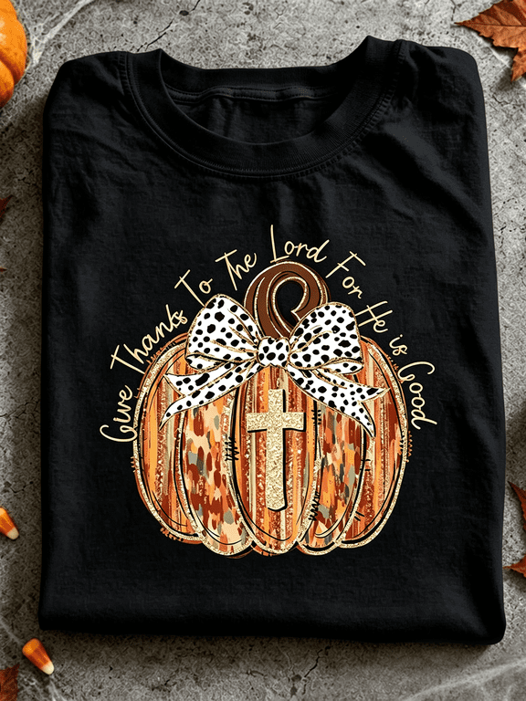 Women Fall Pumpkin Christian Graphic T-Shirt Thanksgiving Leopard Bow Cross Faith Short Sleeve Tee