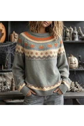 Women Fall Pumpkin Fair Isle Knit Sweater JIANLAI Crew Neck Long Sleeve Retro Pumpkin Pattern Pullover Sweater Casual Autumn Winter Holiday Jumper Tops