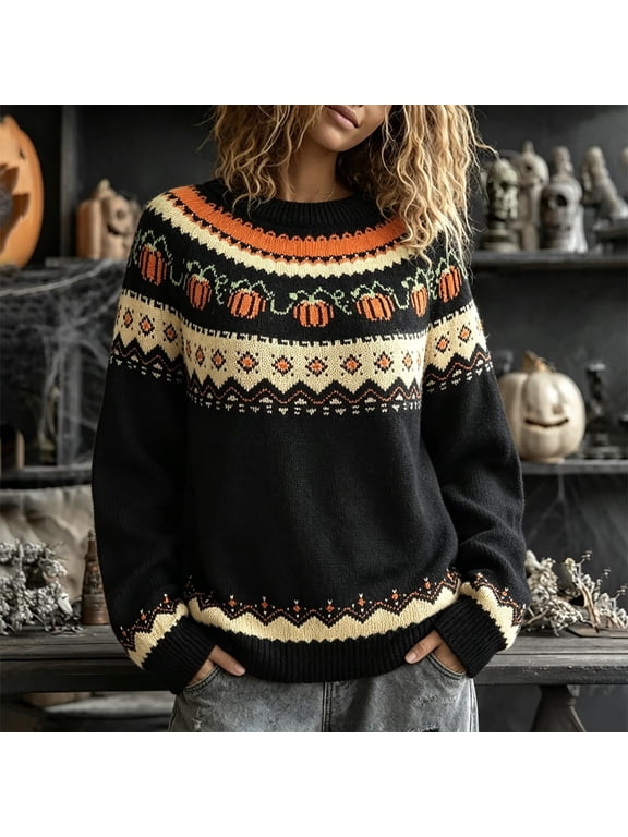 Women Fall Pumpkin Fair Isle Knit Sweater JIANLAI Crew Neck Long Sleeve Retro Pumpkin Pattern Pullover Sweater Casual Autumn Winter Holiday Jumper Tops