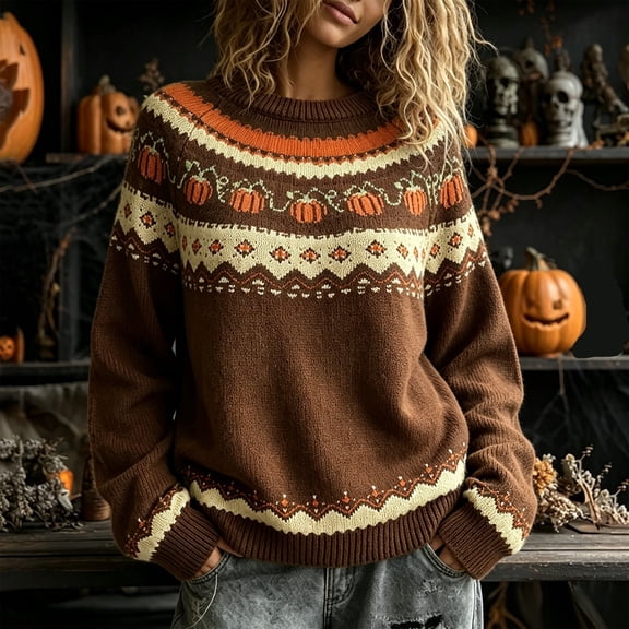 Women Fall Pumpkin Fair Isle Knit Sweater JIANLAI Crew Neck Long Sleeve Retro Pumpkin Pattern Pullover Sweater Casual Autumn Winter Holiday Jumper Tops