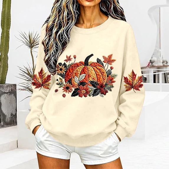 Women Fall Pumpkin Maple Leaf Graphic Sweatshirt, Autumn Floral Long Sleeve Crew Neck Casual Pullover Top(Beige,XL)