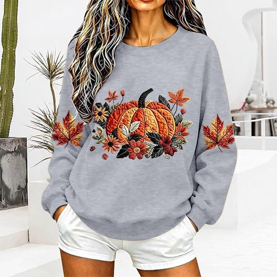 Women Fall Pumpkin Maple Leaf Graphic Sweatshirt, Autumn Floral Long Sleeve Crew Neck Casual Pullover Top(Grey,M)