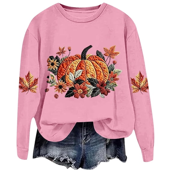 Women Fall Pumpkin Maple Leaf Graphic Sweatshirt, Autumn Floral Long Sleeve Crew Neck Casual Pullover Top(Pink,XL)