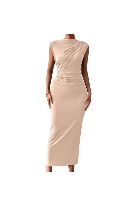 Women Fall Ruched Bodycon Sleeveless Dress Wrap Front Elegant Casual Basic Fitted Long Dresses Beige XL