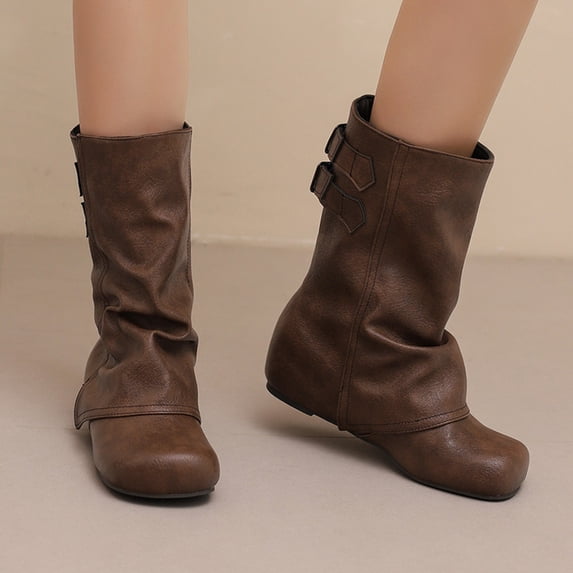 Women Fall Slouchy Fold Over Tall Boots Motorcycle Hidden Zipper Fashion Platform Square Toe