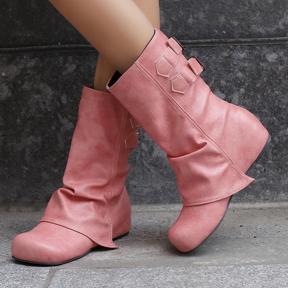 Women Fall Slouchy Fold Over Tall Boots Motorcycle Hidden Zipper Fashion Platform Square Toe