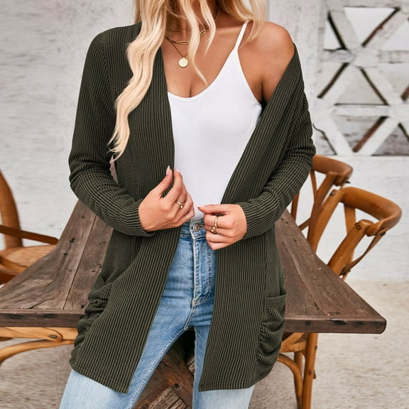 Women Fall Solid Color Open Front Cardigan Lightweight Long Sleeve Pure Color Slim Fit Cardigan Outerwear With Pockets Duster Sweater Cardigan Comfy Knit Cardigan plus Size Kimonos for Women Women