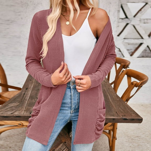Women Fall Solid Color Open Front Cardigan Lightweight Long Sleeve Pure Color Slim Fit Cardigan Outerwear With Pockets Maternity Cardigan Sweaters for Women Long Summer Cardigan Women's plus Size