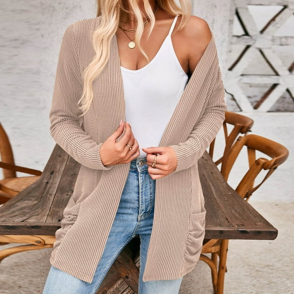 Women Fall Solid Color Open Front Cardigan Lightweight Long Sleeve Pure Color Slim Fit Cardigan Outerwear With Pockets Maternity Cardigan Sweaters for Women Long Summer Cardigan Women's plus Size
