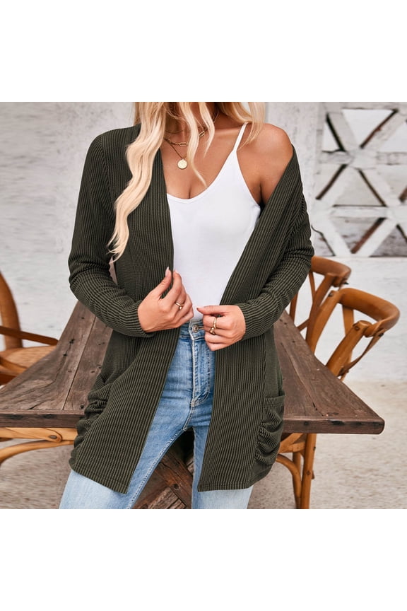 Women Fall Solid Color Open Front Cardigan Lightweight Long Sleeve Pure Color Slim Fit Cardigan Outerwear With Pockets Maternity Cardigan Sweaters for Women Long Summer Cardigan Women's plus Size