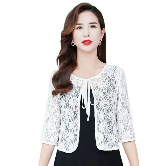 Women Fall Spring Coat Lace-up Floral Embroidery Solid Color Shawl Three Quarter Sleeves Loose Hollow Out Lace Round Neck Short Type Sun Protection Jacket