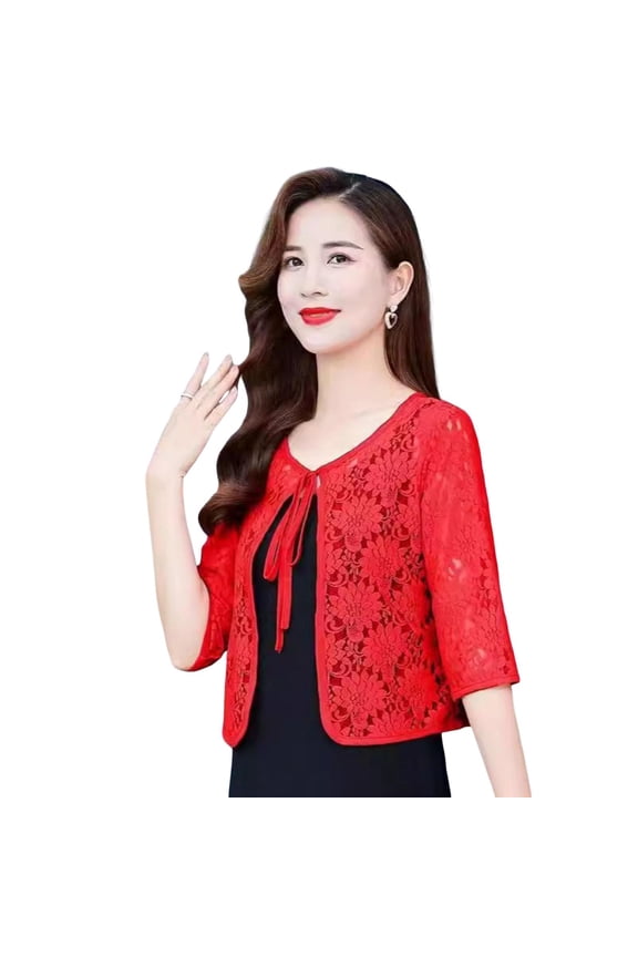 Women Fall Spring Coat Lace-up Floral Embroidery Solid Color Shawl Three Quarter Sleeves Loose Hollow Out Lace Round Neck Short Type Sun Protection Jacket