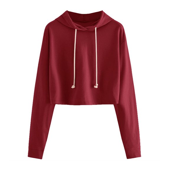 Women Fall Spring Hoodie Drawstring Loose Solid Color Drawstring Elastic Cuff Short Length Casual Pullover Daily Wear Top