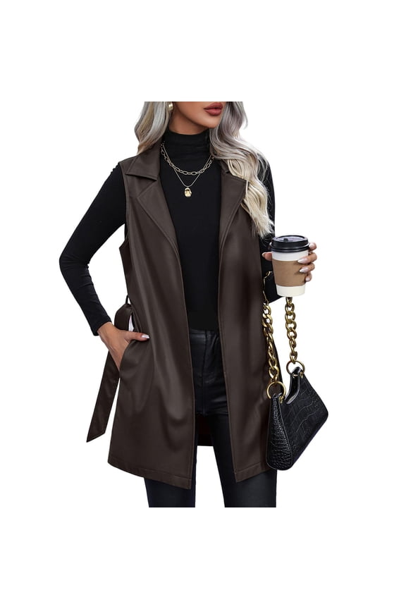 Women Fall Spring Vest Coat with Belt Lace-up Waist Turn-down Collar Smooth Faux Leather Mid Length Cardigan Commuting Shopping Lady Waistcoat