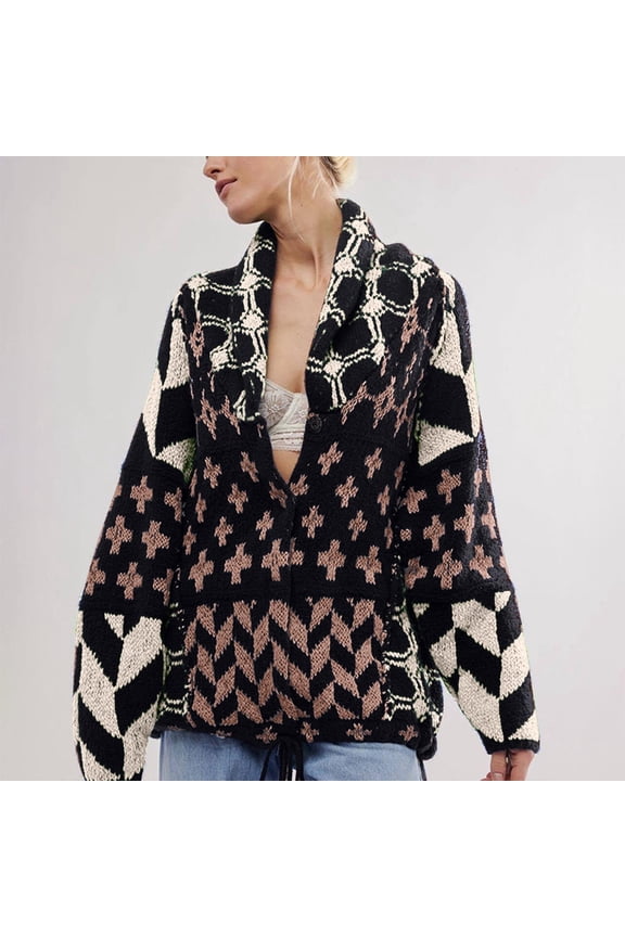 Women Fall Sweater Cardigans Graphic Button Down Collar Knitwear Long Sleeve Oversized Y2K Print Coats
