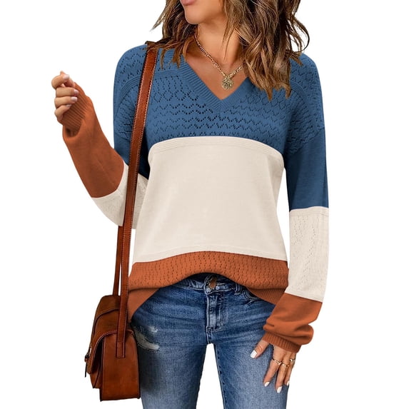Women Fall Sweaters Casual Long Sleeve Ribbed Knit V Neck Light-Weight Crochet Pullover Sweater Apricot S