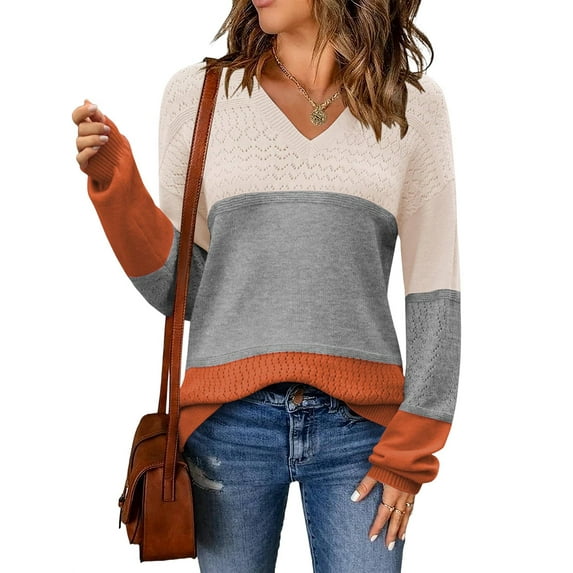 Women Fall Sweaters Casual Long Sleeve Ribbed Knit V Neck Light-Weight Crochet Pullover Sweater Grey XXXL