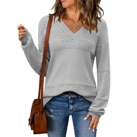 Women Fall Sweaters Casual Long Sleeve Ribbed Knit V Neck Light-Weight Crochet Pullover Sweater Solid Grey M