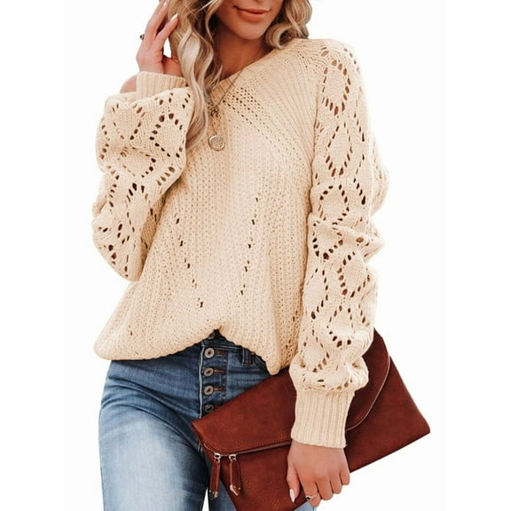 Women Fall Sweaters Crochet Long Sleeve Off the Shoulder Clothes Cute Crewneck Knit Pullover Tops Apricot XL