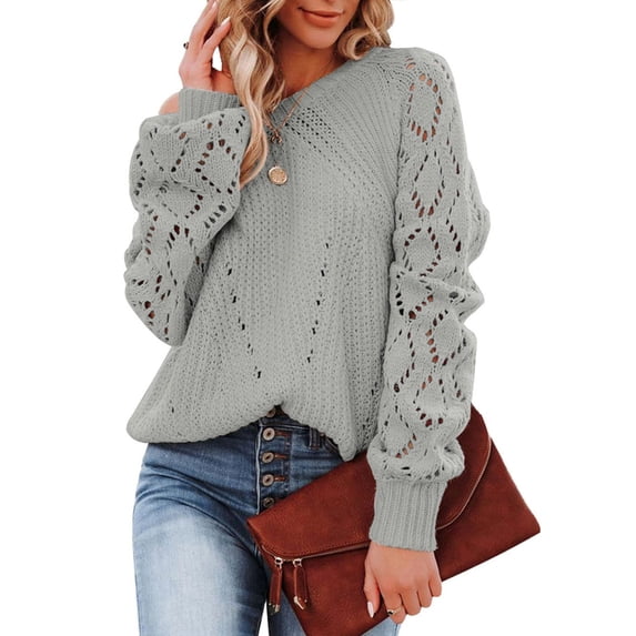 Women Fall Sweaters Crochet Long Sleeve Off the Shoulder Clothes Cute Crewneck Knit Pullover Tops Gray S