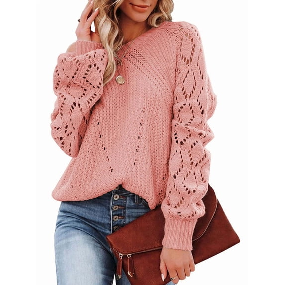 Women Fall Sweaters Crochet Long Sleeve Off the Shoulder Clothes Cute Crewneck Knit Pullover Tops Pink M