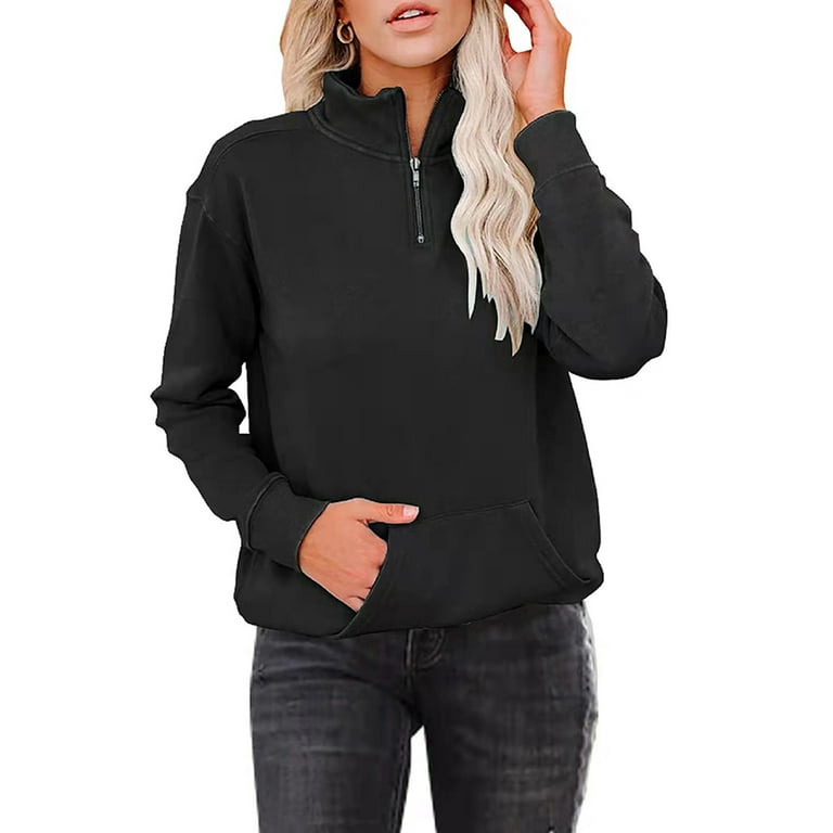 Women Fall Sweatshirt Solid Color Quarter-Zip Stand-Neck Long