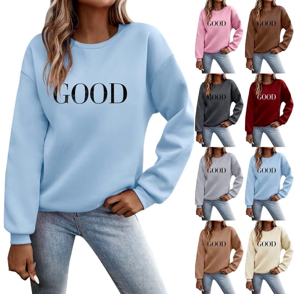 Women Fall Sweatshirts Casual GOOD Print Fleece Pullover Long Sleeve Crewneck Shirts Trendy Outfits