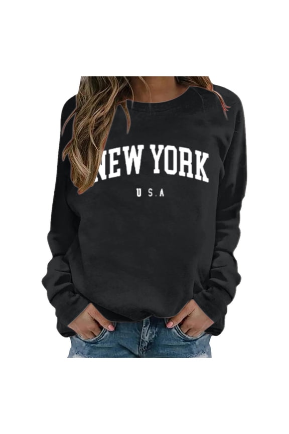 Women Fall Sweatshirts Oversize New York Fashion Letter Print Long Sleeve Crew Neck Athletic Outfits Trendy Black