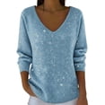 thumbnail image 1 of Women Fall Sweatshirts Oversize Sequin Print Long Sleeve V Neck Drop Shoulder Athletic Outfits Trendy Light Blue, 1 of 5