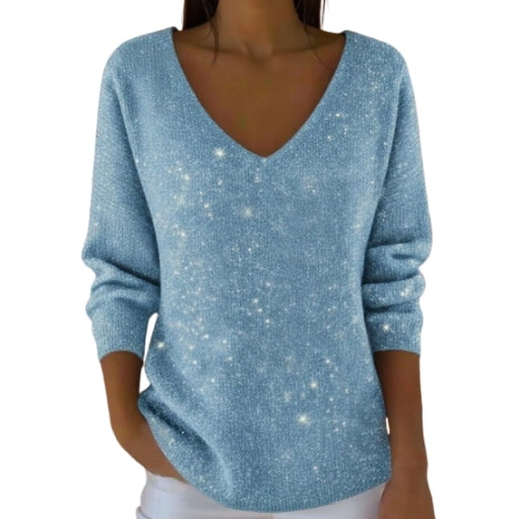 Women Fall Sweatshirts Oversize Sequin Print Long Sleeve V Neck Drop Shoulder Athletic Outfits Trendy Light Blue
