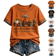 Women Fall Thanksgiving Autumn Tree Graphic T-Shirt Crew Neck Short Sleeve Casual Loose Holiday Tee Top Saffron XL