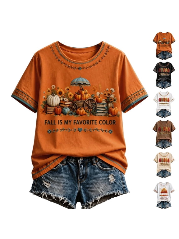 Women Fall Thanksgiving Autumn Tree Graphic T-Shirt Crew Neck Short Sleeve Casual Loose Holiday Tee Top Saffron XL