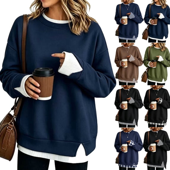 Women Fall Tops Crewneck Sweatshirt Oversized Long Sleeve Pullover, Faux Layered Hem Drop Shoulder Sweater, Relaxed Fit Cozy Winter Clothes