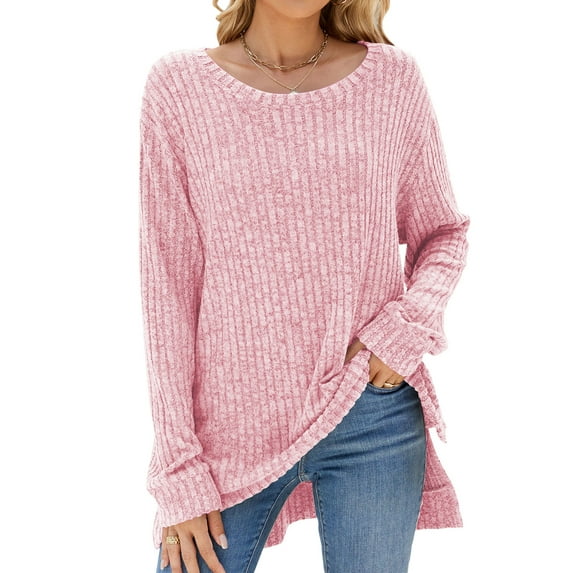 SHIBEVER Women Fall Tops Long Sleeve Crewneck Comfort Soft Sweater Casual Round Neck Side Split Fashion Pink Tunic Tee Size S
