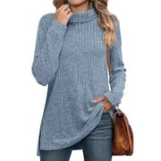 SHIBEVER Women Fall Tops Long Sleeve Turtleneck Comfort Soft Sweater Side Split Fashion Loose Blue Tunic Winter Clothes