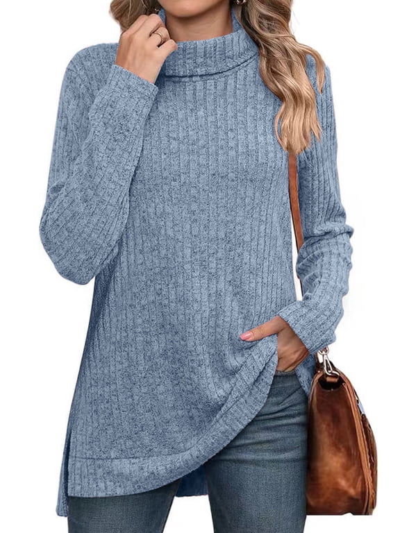 Women Fall Tops Long Sleeve Turtleneck Comfort Soft Sweater Side Split Fashion Loose Blue Tunic Winter Clothes