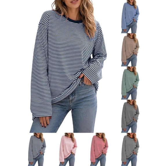 Women Fall Tops Women's Loose Striped Casual Fashion Crew Neck Long Sleeve Top Navy M