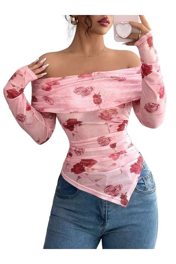 Women Fall Trendy Off Shoulder Y2k Tops Floral Mesh Long Sleeve Shirts Asymmetrical Ruched Floral Blouse Pink XXL