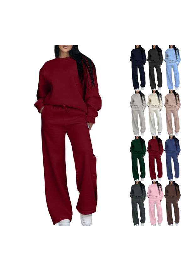Women Fall Two Piece Lounge Outfit Long Sleeve Tops High Waisted Jogger Pants Set Travel Clothes Tracksuit Solid Color Athleisure Sweatshirts & Drawstring and Straight Leg Pants with Pocket