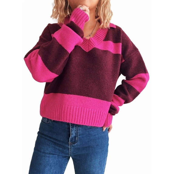 Women Fall V Neck Sweater Color Block Long Sleeve Shirt Casual Loose Striped Pullover Sweaters Rose Red S