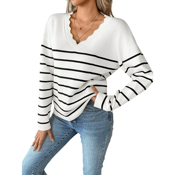 Women Fall V Neck Sweater Color Block Long Sleeve Shirt Casual Loose Striped Pullover Sweaters White M