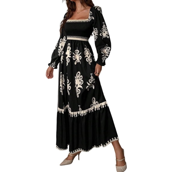Women Fall Wedding Guest Dresses Boho Floral Long Sleeve V Neck Flowy Elegant Maxi Dress Beach Clothes Black S