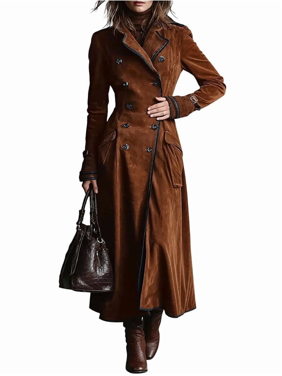 Women Fall Western Faux Suede Lapel Collar Long Sleeve Double Breasted Button Longline Trench Jacket Dark Brown S