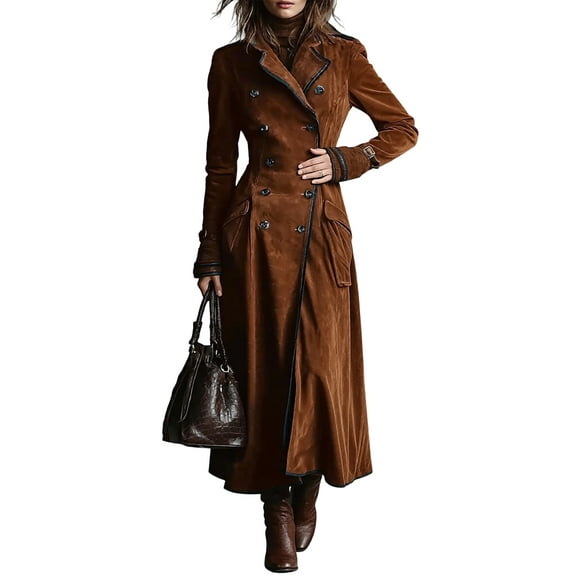 Women Fall Western Faux Suede Lapel Collar Long Sleeve Double Breasted Button Longline Trench Jacket Dark Brown XL