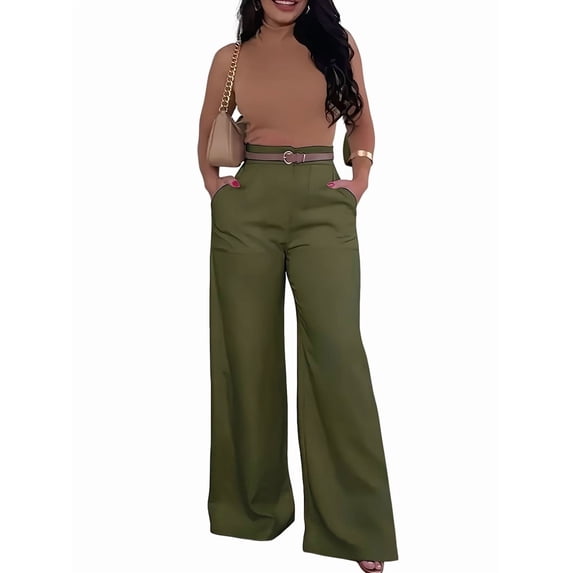 Women Fall Wide Leg Trousers High Elastic Waist Loose Pleated Long Flowy Palazzo Work Pants with Pockets Green S