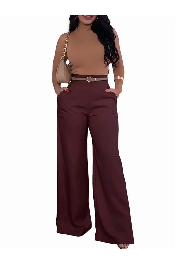 Women Fall Wide Leg Trousers High Elastic Waist Loose Pleated Long Flowy Palazzo Work Pants with Pockets Wine Red L